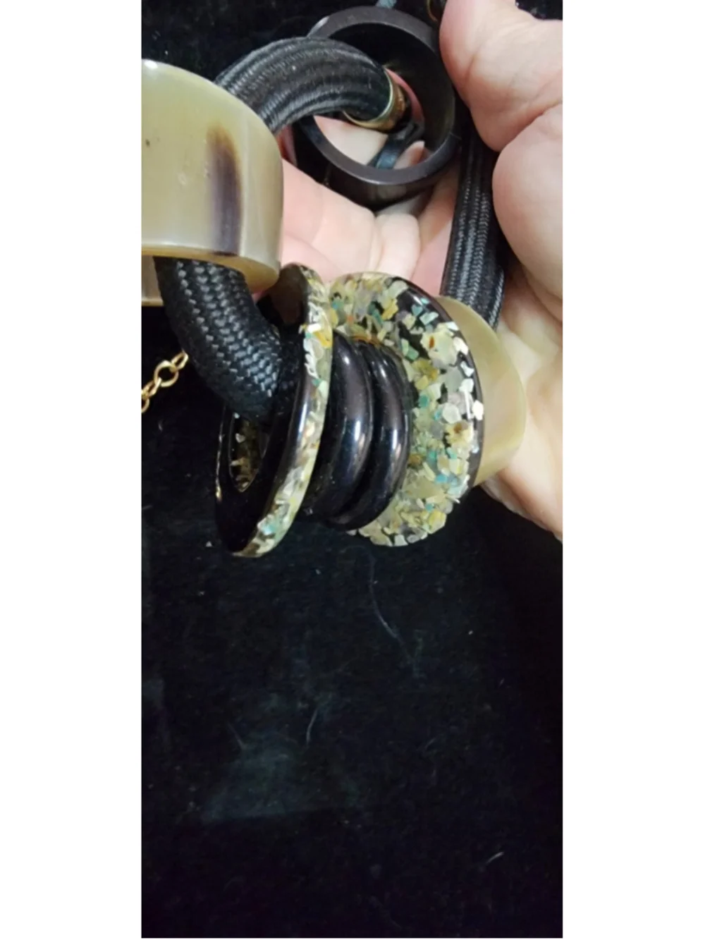 Chico’s Chunky Resin Statement Necklace Black Gold Confetti Lucite Modernist
